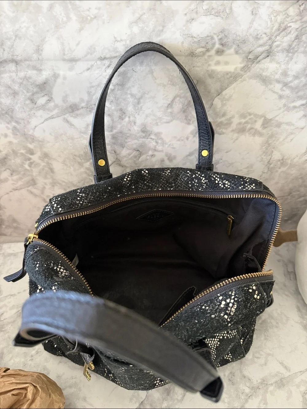 FOSSIL Black and Gold Snake-Print Satchel Handbag and squishmallow